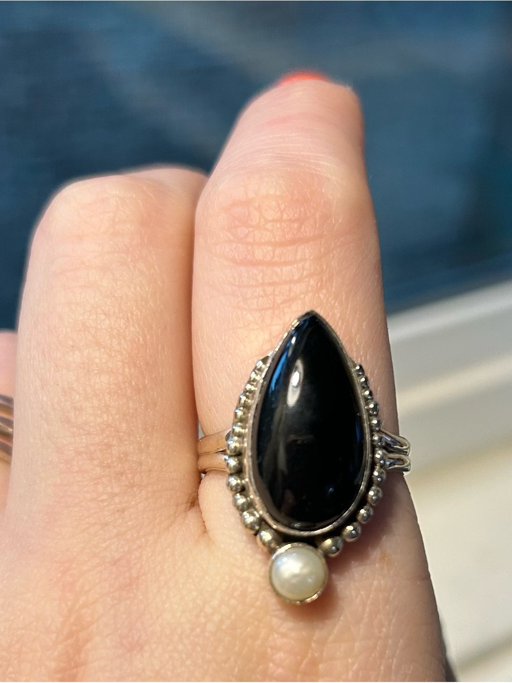 Sterling Teardrop Black Onyx Ring with Pearl Accent